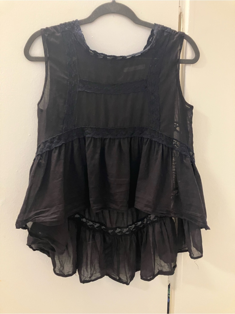 Mes Demoiselles Black Thin Cotton Lace High-Low Babydoll Tank Top Sz 38 S
